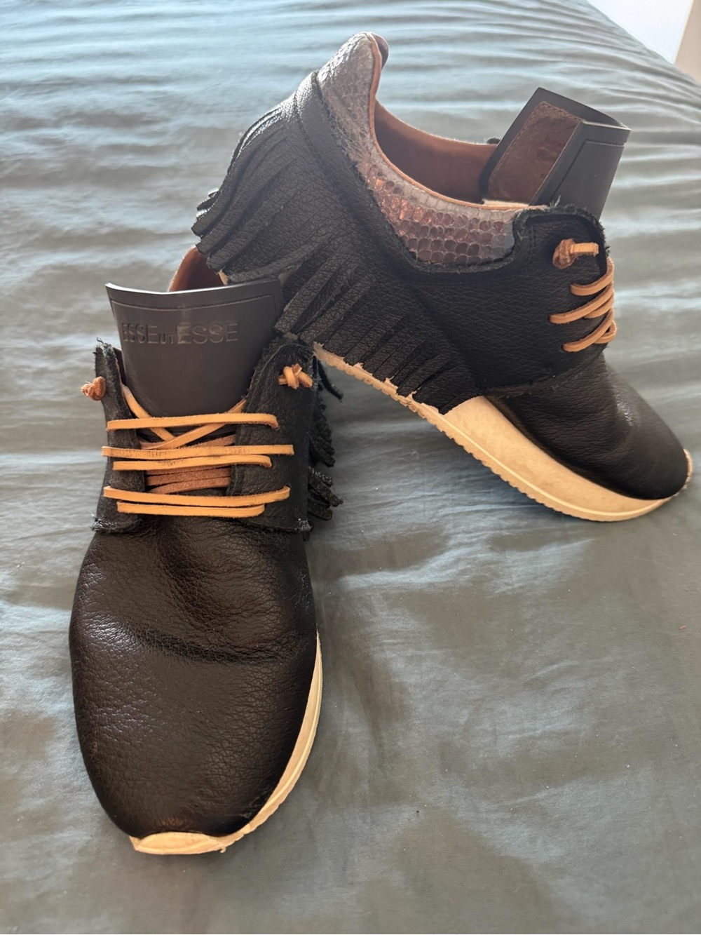 Women’s Esseutesse Black Leather Sneakers with Tan Laces and Fringe Detail